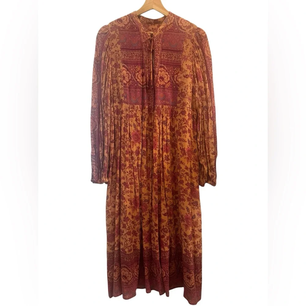 Spell & the Gypsy Folk Song Cotton Blend Blockprint Long Sleeve Tie Split Neck